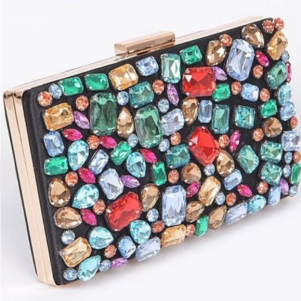 Multicolor Gemstone Clutch with Gold Chain